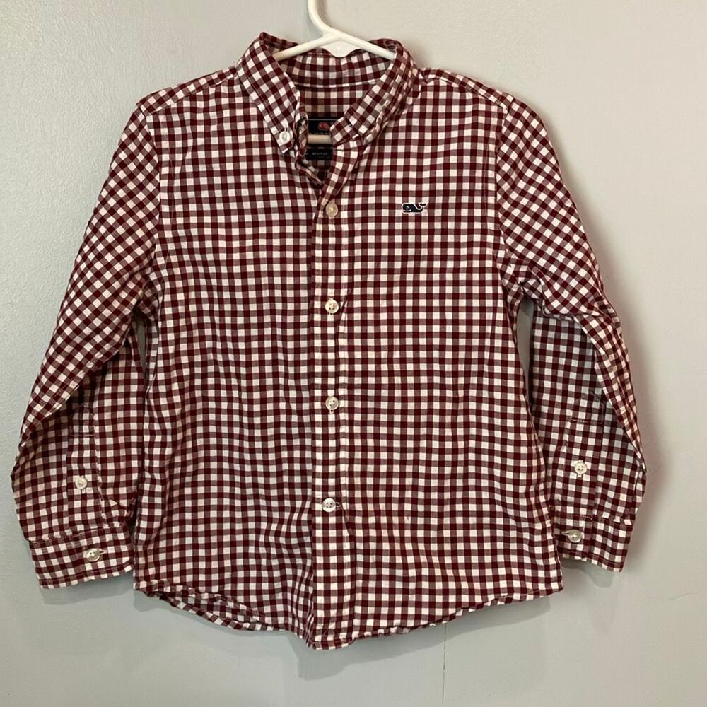 Vineyard Vines Whale Shirt 100% Cotton Red & White Checkered Kids 4T #800